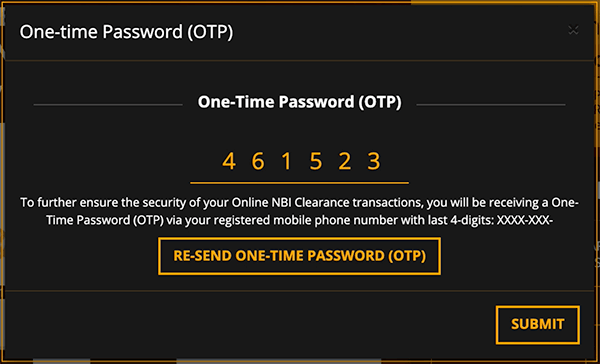 NBI Clearance OTP Enter and Submit